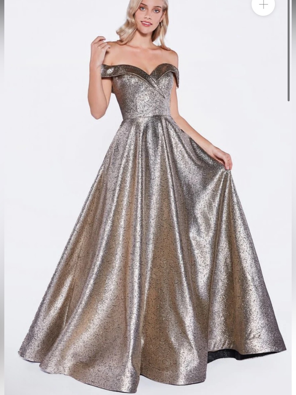 Xscape Copper Glitter Off-the-Shoulder Gown